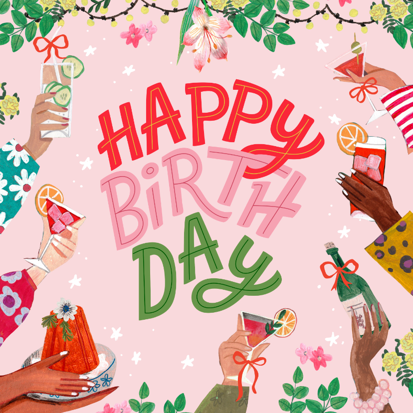 Verjaardagskaarten - Verjaardagskaart feestelijke lente cocktails