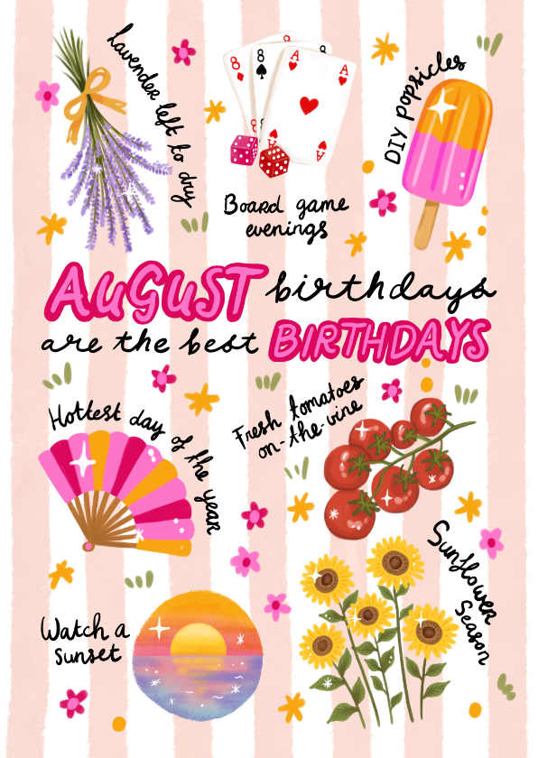 Verjaardagskaarten - Verjaardagskaart felicitatie augustus zomer vrouw meisje