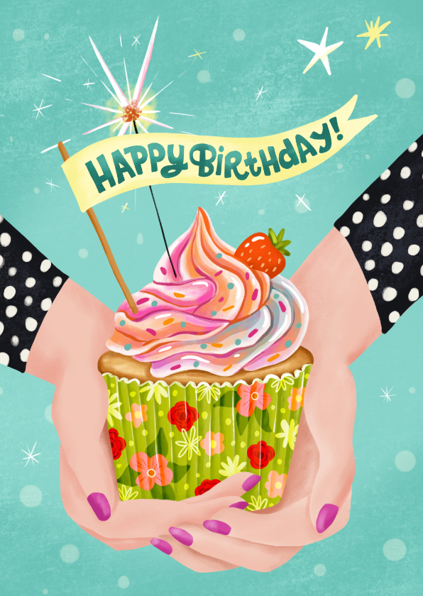 Verjaardagskaarten - Verjaardagskaart felicitatie handen met cupcake 