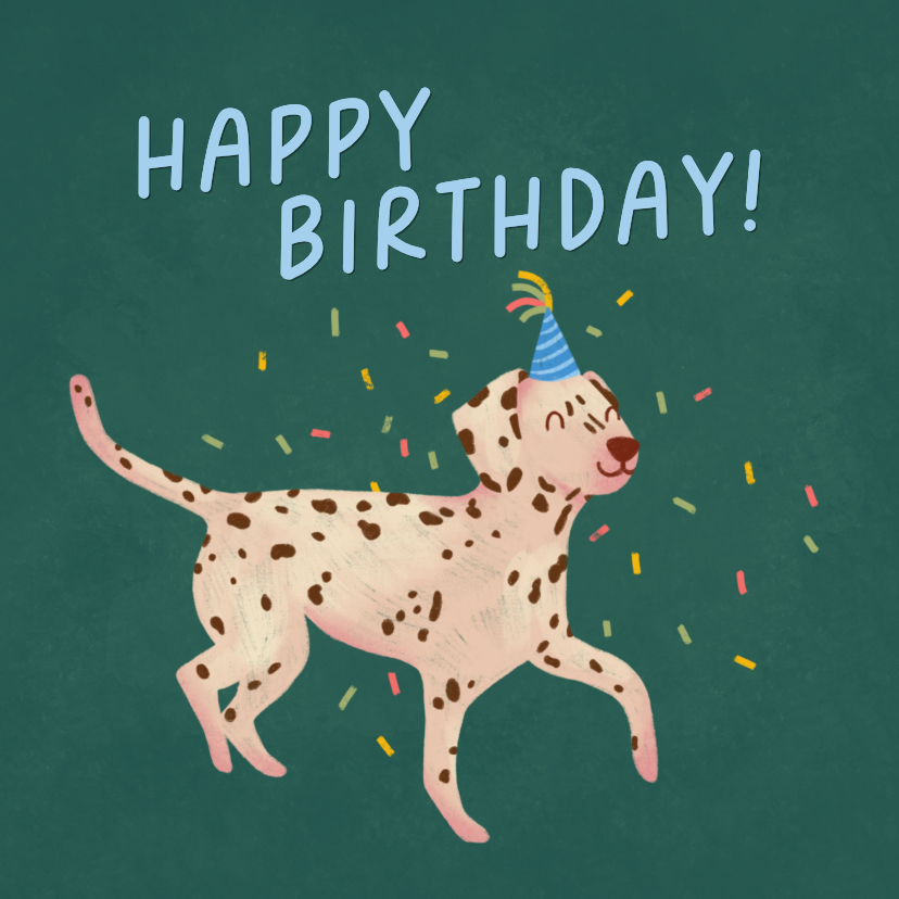 Verjaardagskaart felicitatie hond met feestmuts confetti - Verjaardagskaarten Verjaardagskaarten - Verjaardagskaart felicitatie hond met feestmuts confetti