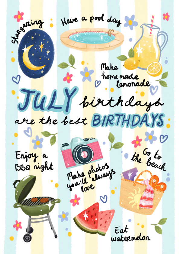 Verjaardagskaart felicitatie juli zomer vrouw meisje - Verjaardagskaarten Verjaardagskaarten - Verjaardagskaart felicitatie juli zomer vrouw meisje