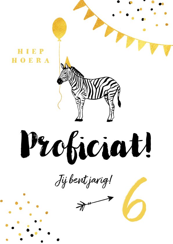 Verjaardagskaart felicitatie kind zebra feest okergeel - Verjaardagskaarten Verjaardagskaarten - Verjaardagskaart felicitatie kind zebra feest okergeel