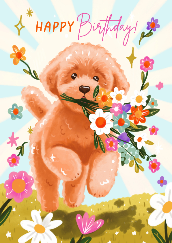 Verjaardagskaarten - Verjaardagskaart felicitatie meisje vrouw hond bloemen 