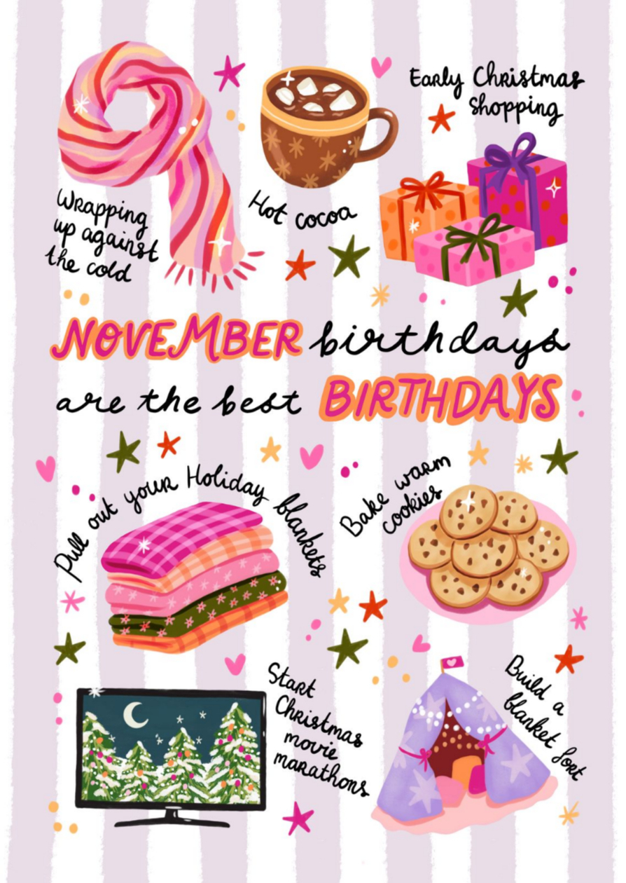 Verjaardagskaarten - Verjaardagskaart felicitatie november winter vrouw meisje