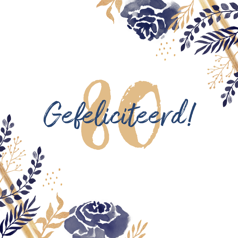 Verjaardagskaarten - Verjaardagskaart felicitatie stijlvol bloemen blauw goud 