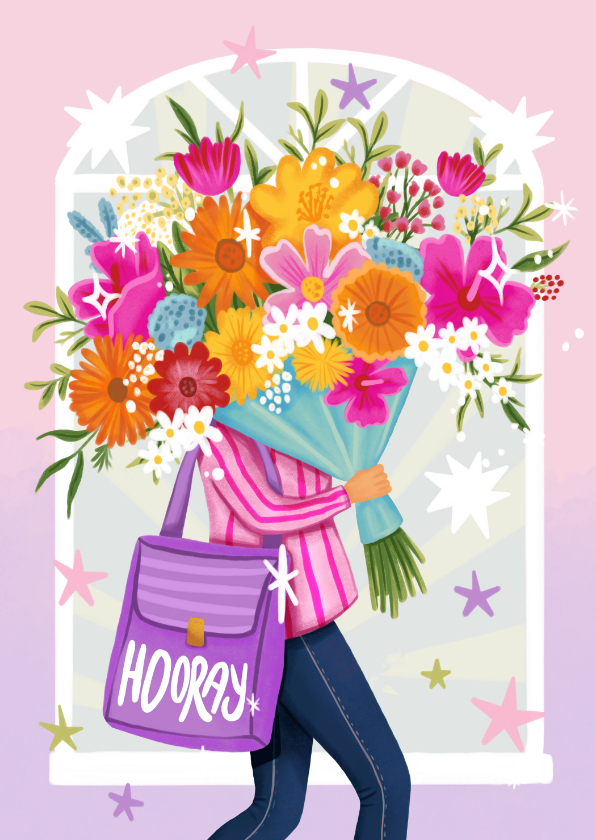 Verjaardagskaarten - Verjaardagskaart felicitatie vrouw meisje vrolijke bloemen