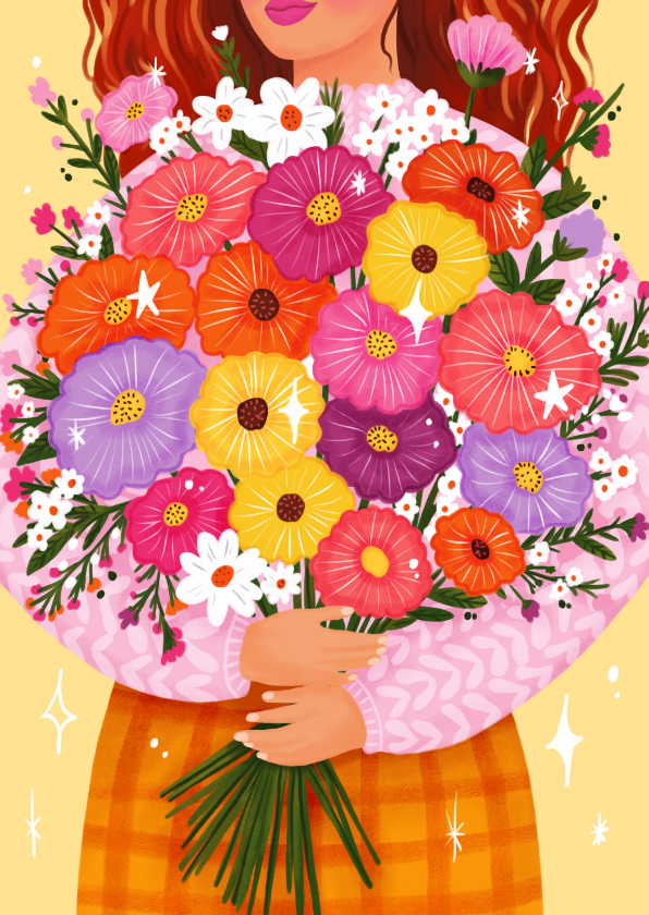 Verjaardagskaarten - Verjaardagskaart felicitatie vrouw met boeket lente zomer