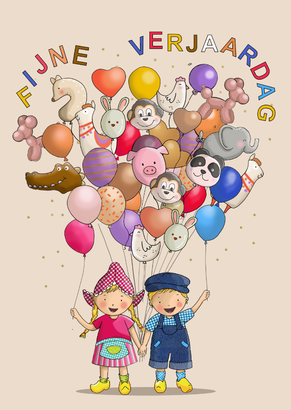 Verjaardagskaarten - Verjaardagskaart Fien en Teun met ballonnen