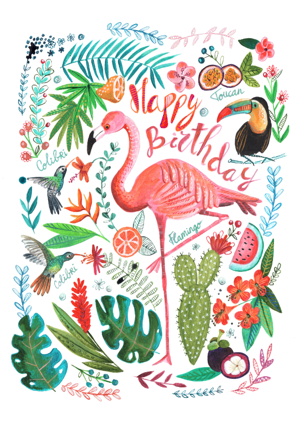 Verjaardagskaarten - Verjaardagskaart flamingo en toucan in tropische jungle