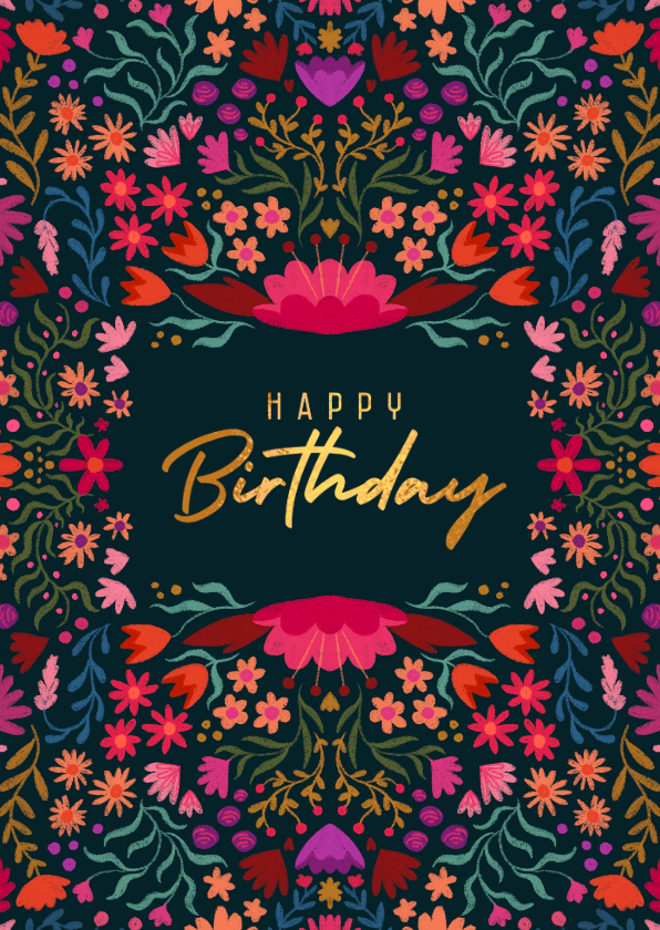 Verjaardagskaart folk bloemen gekleurd - Verjaardagskaarten Verjaardagskaarten - Verjaardagskaart folk bloemen gekleurd