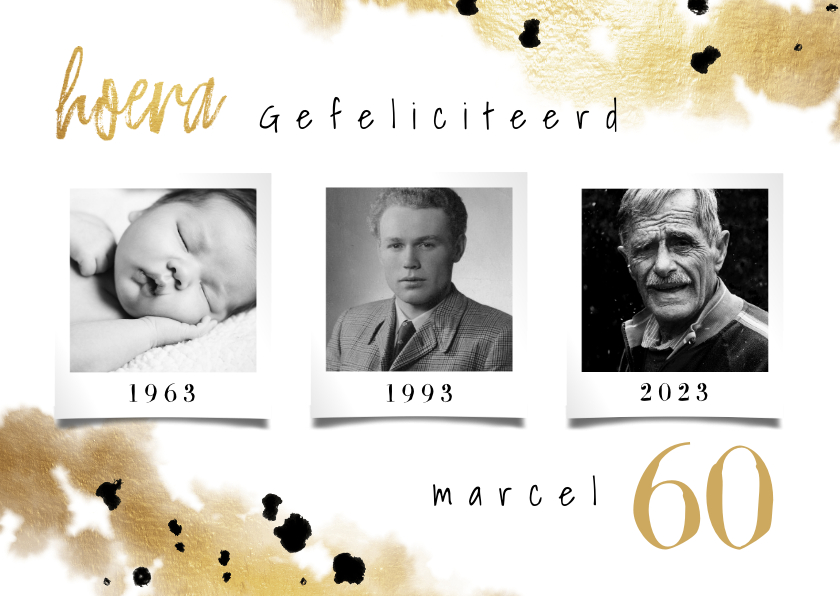verjaardagskaart fotocollage 3 foto's met confetti en goud - Verjaardagskaarten Verjaardagskaarten - verjaardagskaart fotocollage 3 foto's met confetti en goud