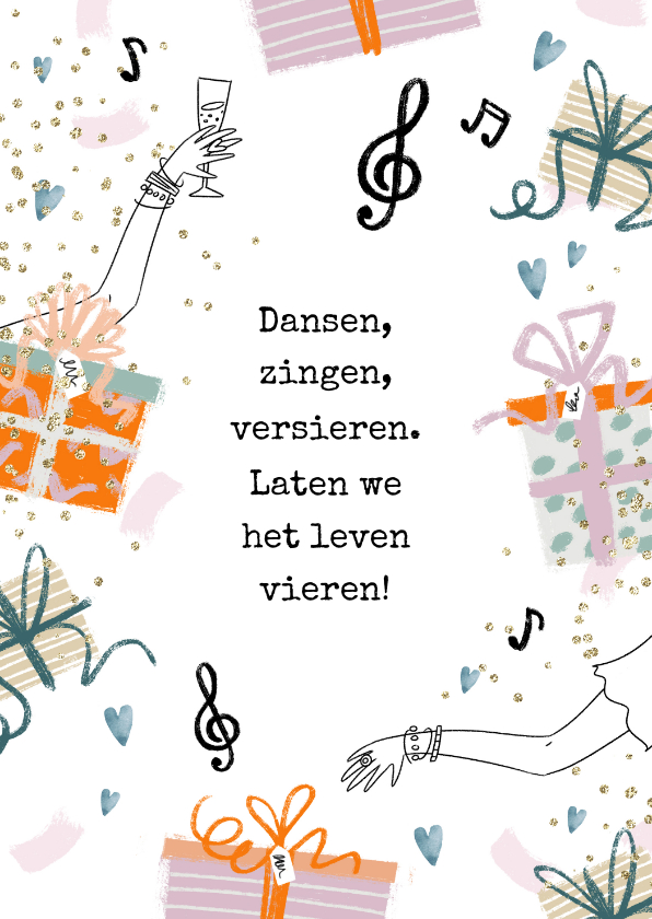 Verjaardagskaarten - Verjaardagskaart gedichtje cadeau muzieknoot dansen