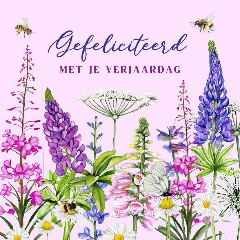 Verjaardagskaarten - Verjaardagskaart gekleurde veldbloemen vlinder en bij