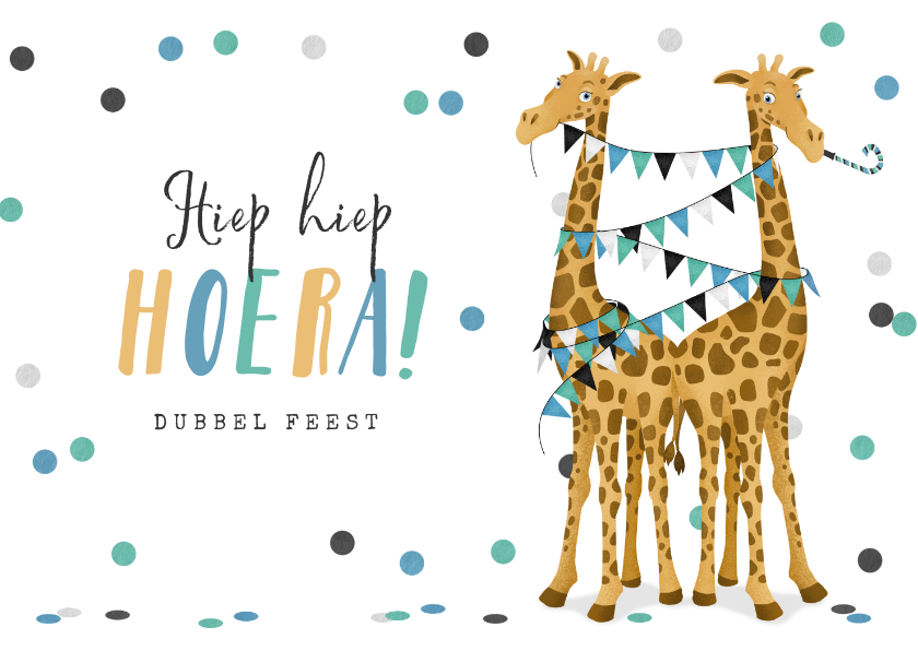 Verjaardagskaarten - Verjaardagskaart giraf tweeling dubbel feest slingers