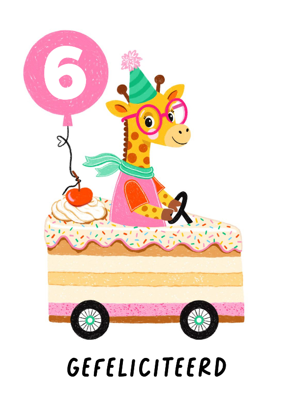 Verjaardagskaart giraffe taart auto roze - Verjaardagskaarten Verjaardagskaarten - Verjaardagskaart giraffe taart auto roze