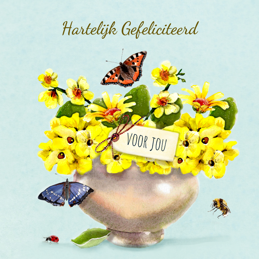 Verjaardagskaarten - Verjaardagskaart gouden vaas met gele bloemen