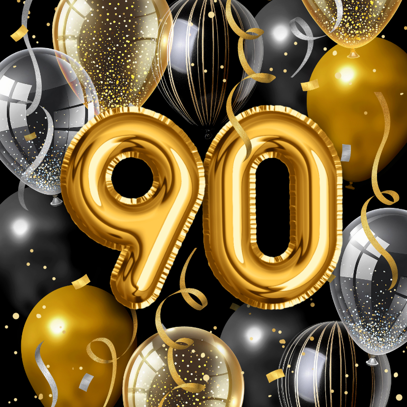 Verjaardagskaarten - Verjaardagskaart gouden zilveren ballonnen 90 jaar