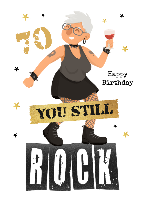 Verjaardagskaart grappig oude vrouw rockt 70 jaar stoer - Verjaardagskaarten Verjaardagskaarten - Verjaardagskaart grappig oude vrouw rockt 70 jaar stoer