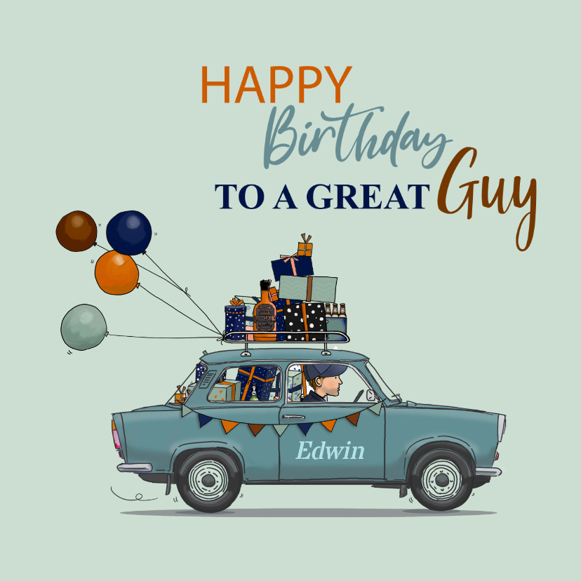 Verjaardagskaart grappige auto met kadootjes - Verjaardagskaarten Verjaardagskaarten - Verjaardagskaart grappige auto met kadootjes