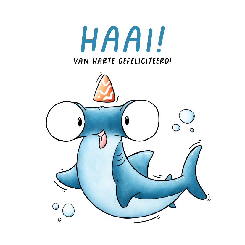 Verjaardagskaart hamerhaai met feesthoedje "Haai!" - Verjaardagskaarten Verjaardagskaarten - Verjaardagskaart hamerhaai met feesthoedje "Haai!"