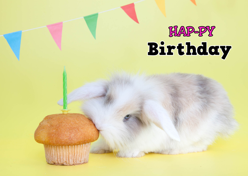 Verjaardagskaarten - Verjaardagskaart - Hap-py Birthday - Konijntje hapt cupcake
