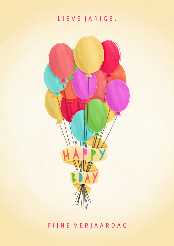 Verjaardagskaart happy bday met bosje ballonnen - Verjaardagskaarten Verjaardagskaarten - Verjaardagskaart happy bday met bosje ballonnen