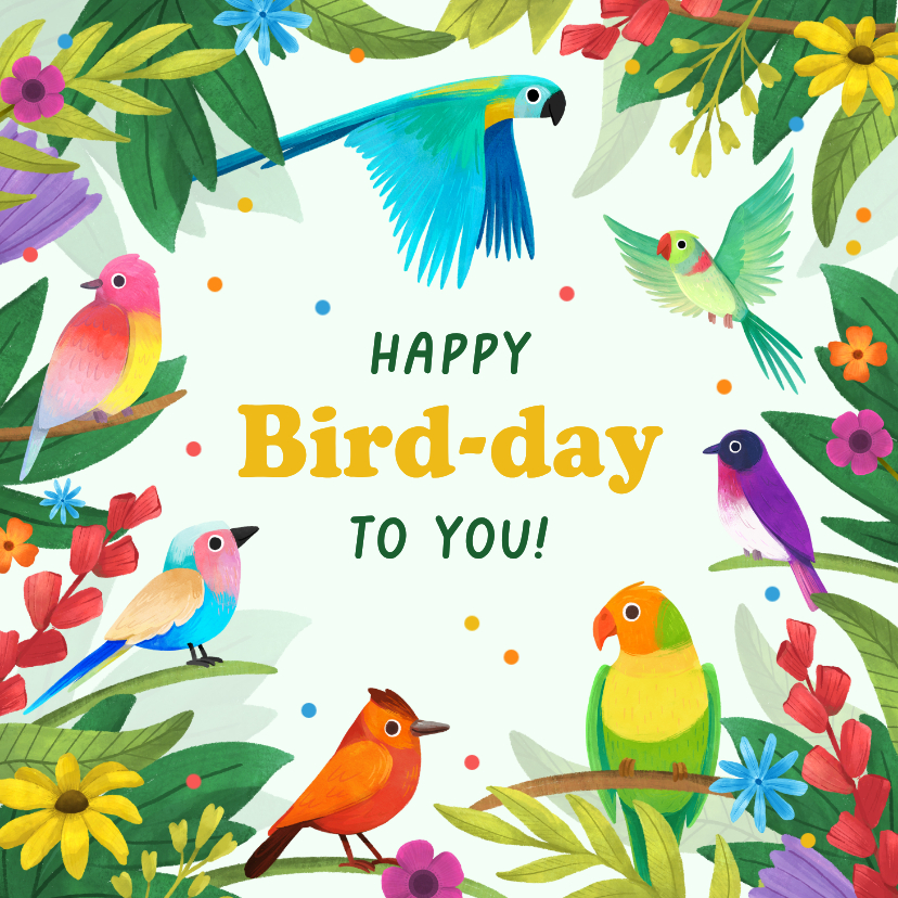 Verjaardagskaarten - Verjaardagskaart happy bird-day vogels kleurrijk bloemen