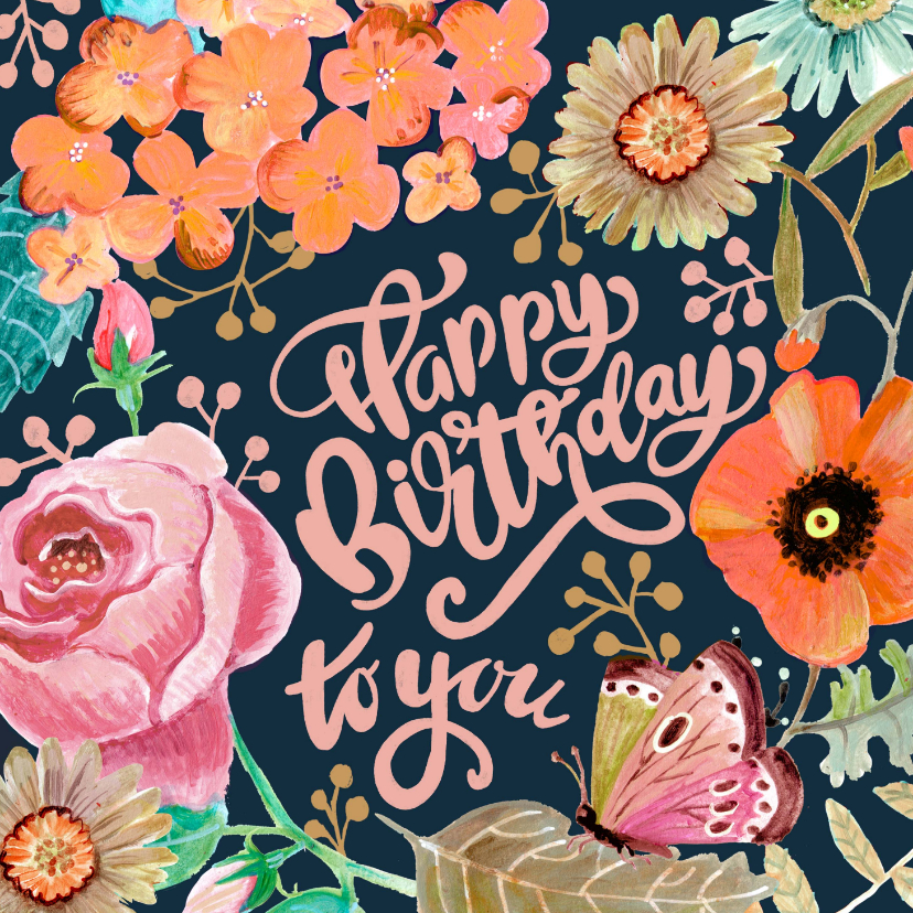 Verjaardagskaarten - Verjaardagskaart happy birthday bloemen handlettering