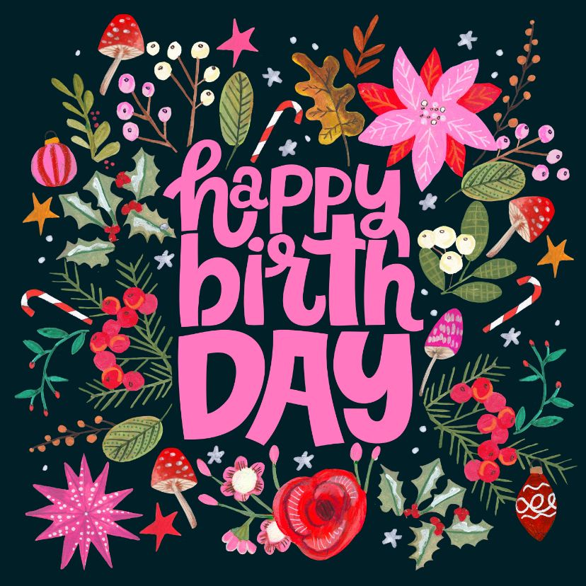 Verjaardagskaarten - Verjaardagskaart heldere felle kleuren winter kerst