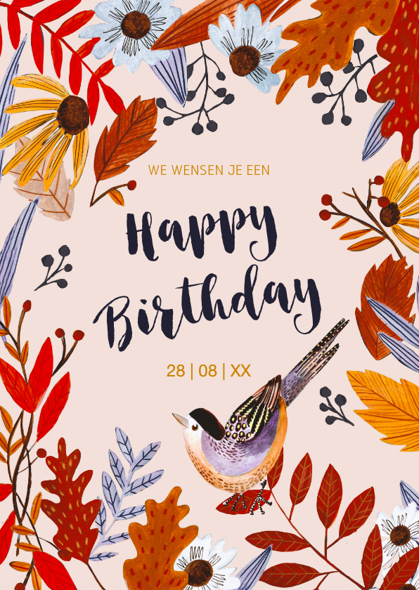 Verjaardagskaarten - Verjaardagskaart herfst bloemen en vogel