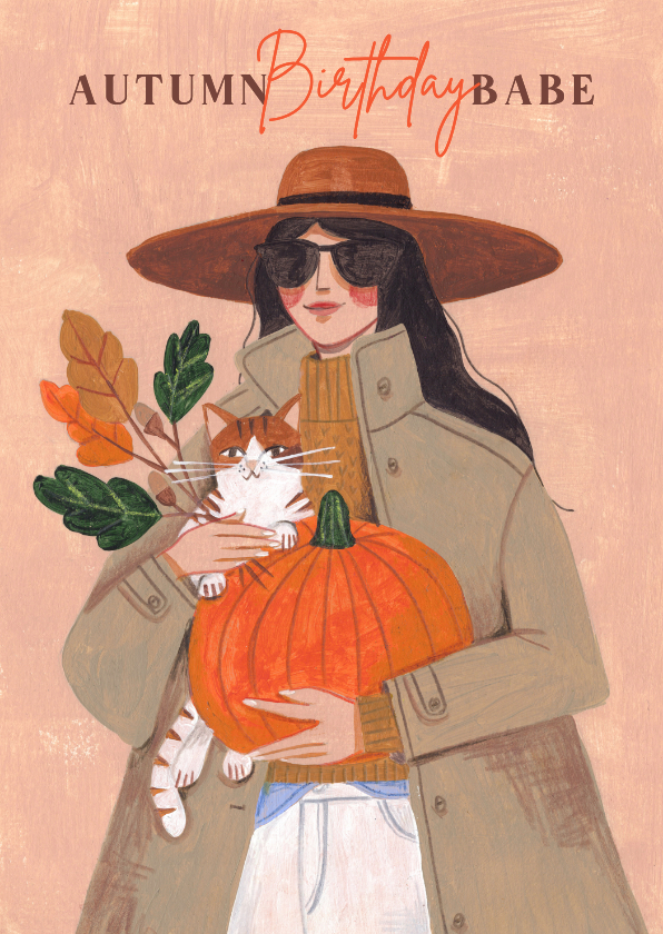 Verjaardagskaarten - Verjaardagskaart herfst vrouw met kat en pompoen 