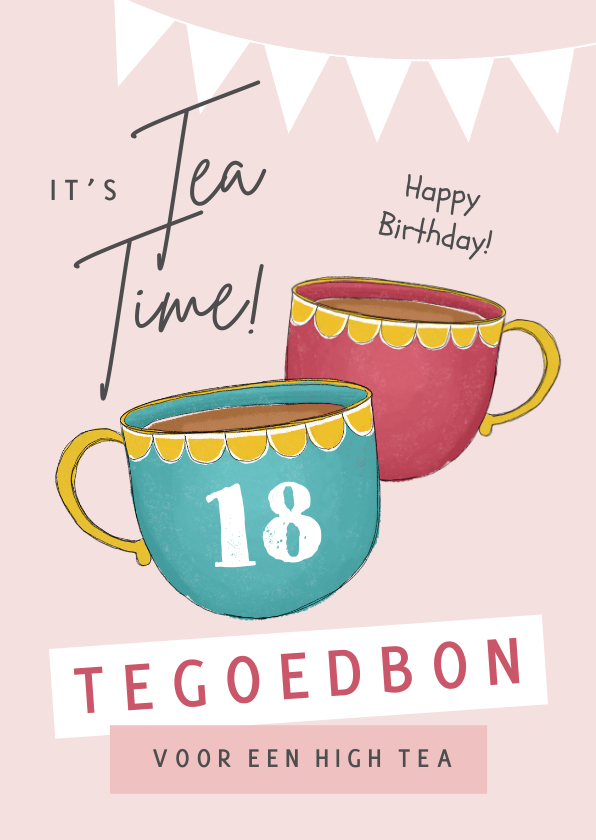 Verjaardagskaarten - Verjaardagskaart high tea thee tegoedbon slingers