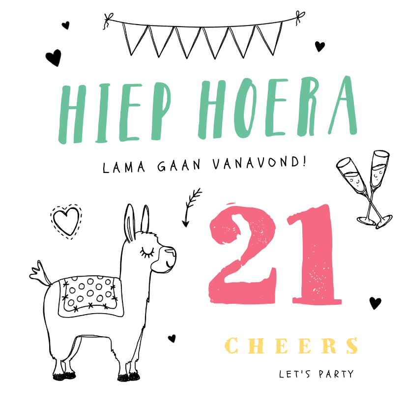 Verjaardagskaarten - Verjaardagskaart hip lama feest slingers doodle hartjes