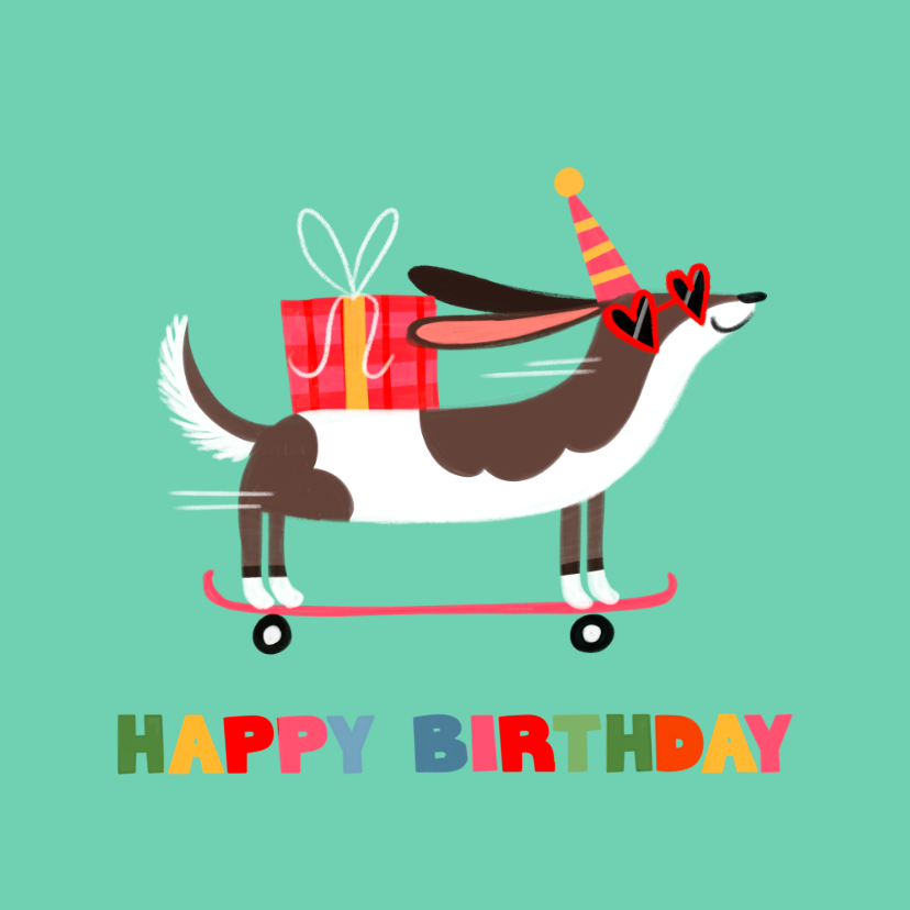 Verjaardagskaarten - Verjaardagskaart hippe teckel op skateboard roze