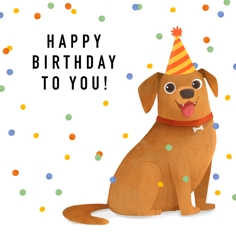 Verjaardagskaarten - Verjaardagskaart hond confetti happy birthday feestje