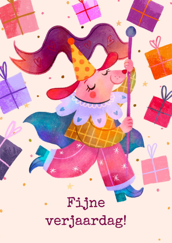 Verjaardagskaarten - Verjaardagskaart hond in clownspakje