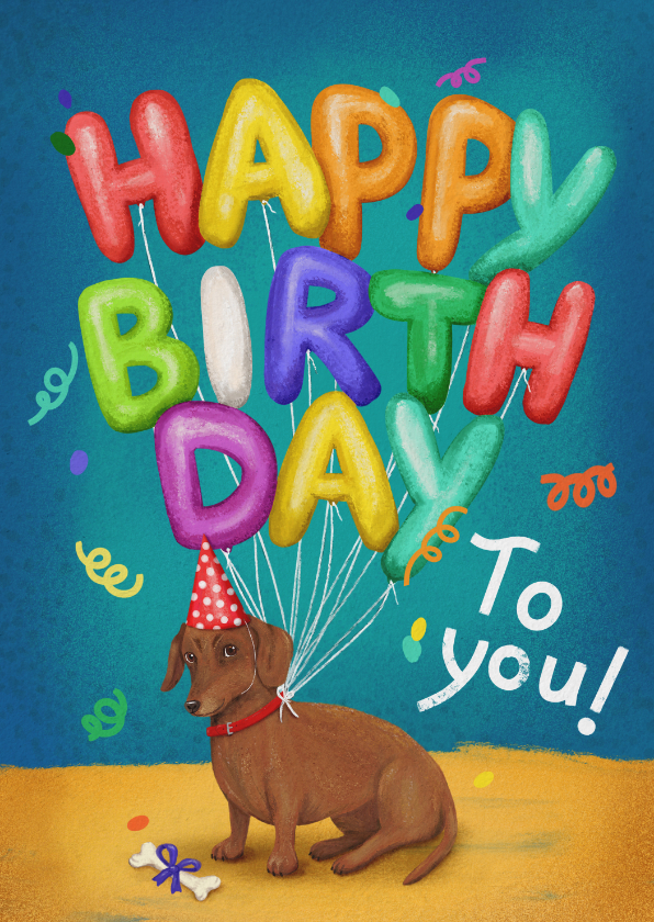 Verjaardagskaarten - Verjaardagskaart hond met ballonnen