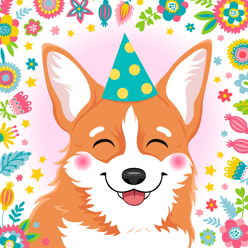 Verjaardagskaarten - Verjaardagskaart hond met bloemen en sterren