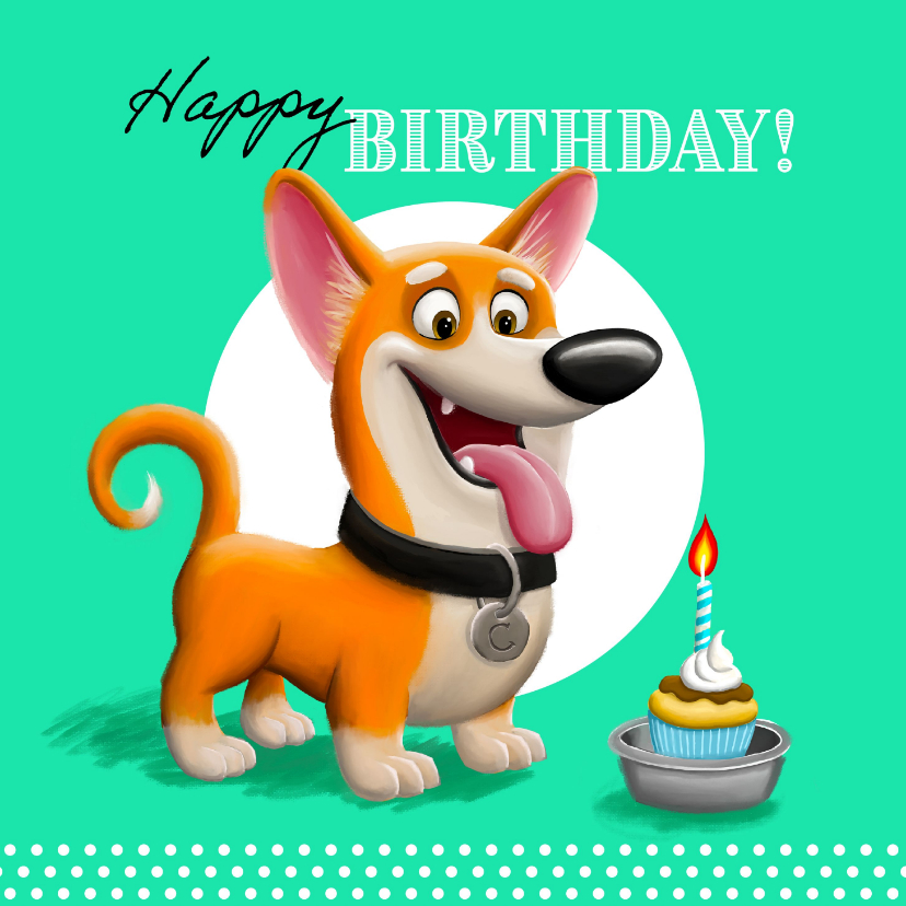 Verjaardagskaarten - Verjaardagskaart hond met cupcake