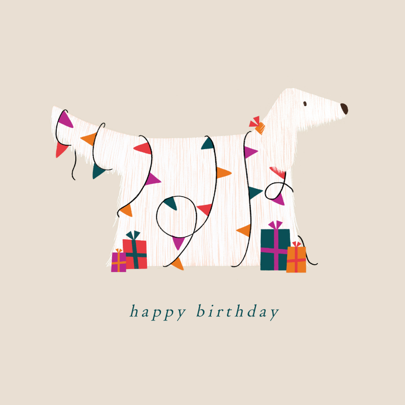 Verjaardagskaarten - Verjaardagskaart hond versierd met vlaggetjes en cadeaus