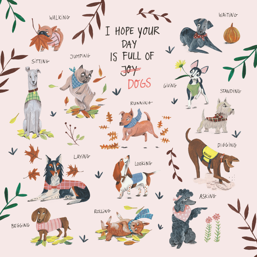 Verjaardagskaarten - Verjaardagskaart honden en botanische planten