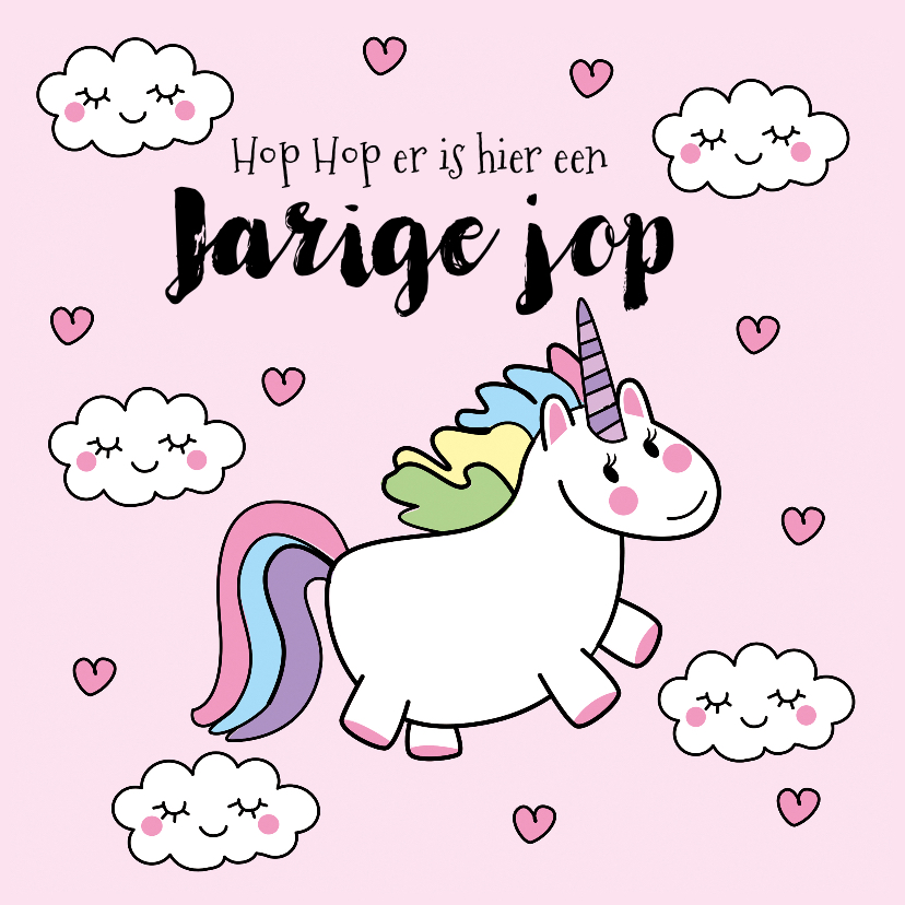 Verjaardagskaart hop hop Unicorn in galop - Verjaardagskaarten Verjaardagskaarten - Verjaardagskaart hop hop Unicorn in galop