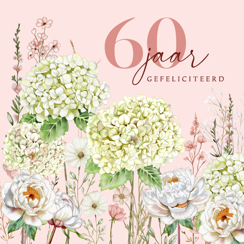 Verjaardagskaarten - Verjaardagskaart hortensia's en rozen in de tuin