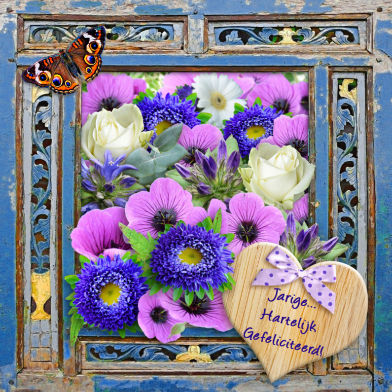 Verjaardagskaart houten frame met bloemen en wens - Verjaardagskaarten Verjaardagskaarten - Verjaardagskaart houten frame met bloemen en wens