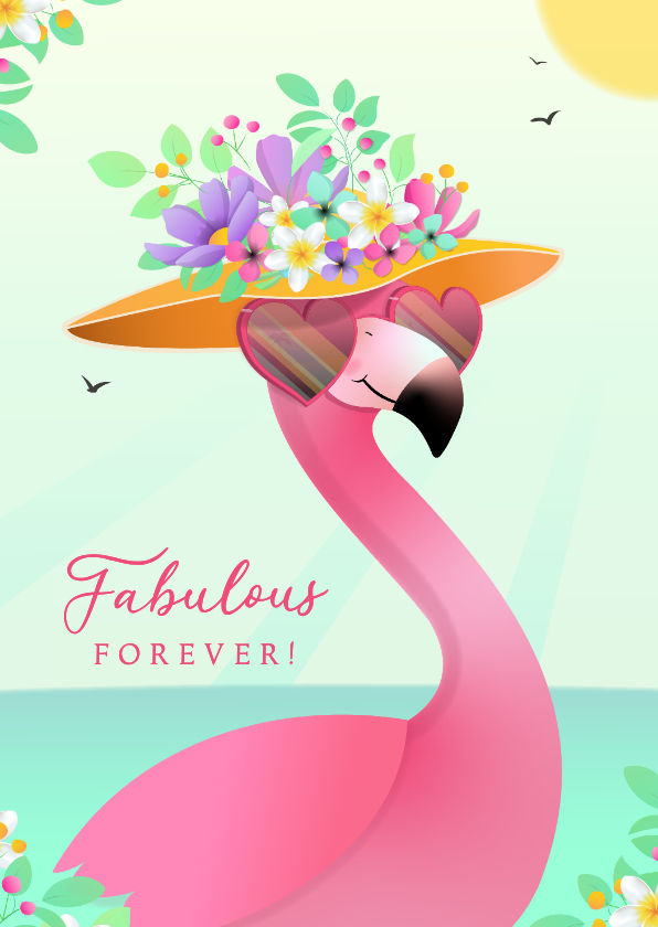 Verjaardagskaarten - Verjaardagskaart humor fabulous flamingo tropische bloemen