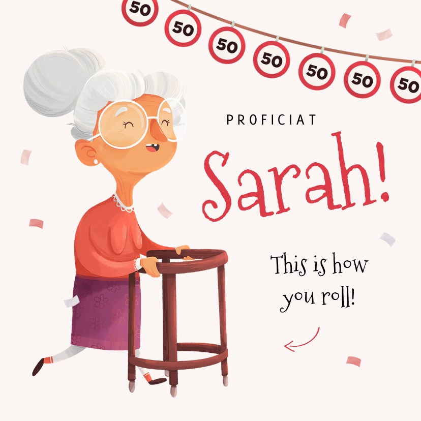 Verjaardagskaarten - Verjaardagskaart humor Sarah 50 confetti