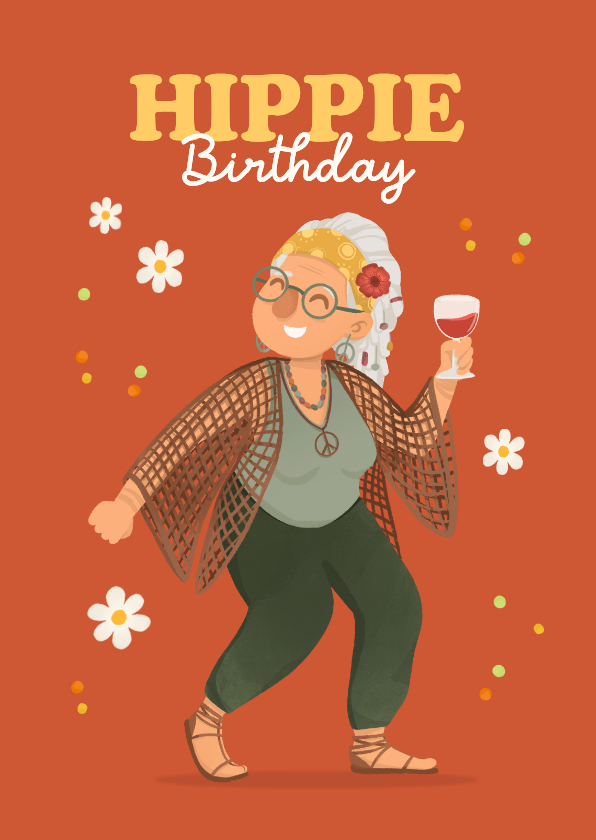 Verjaardagskaarten - Verjaardagskaart humor vrouw hippie birthday oud wijn