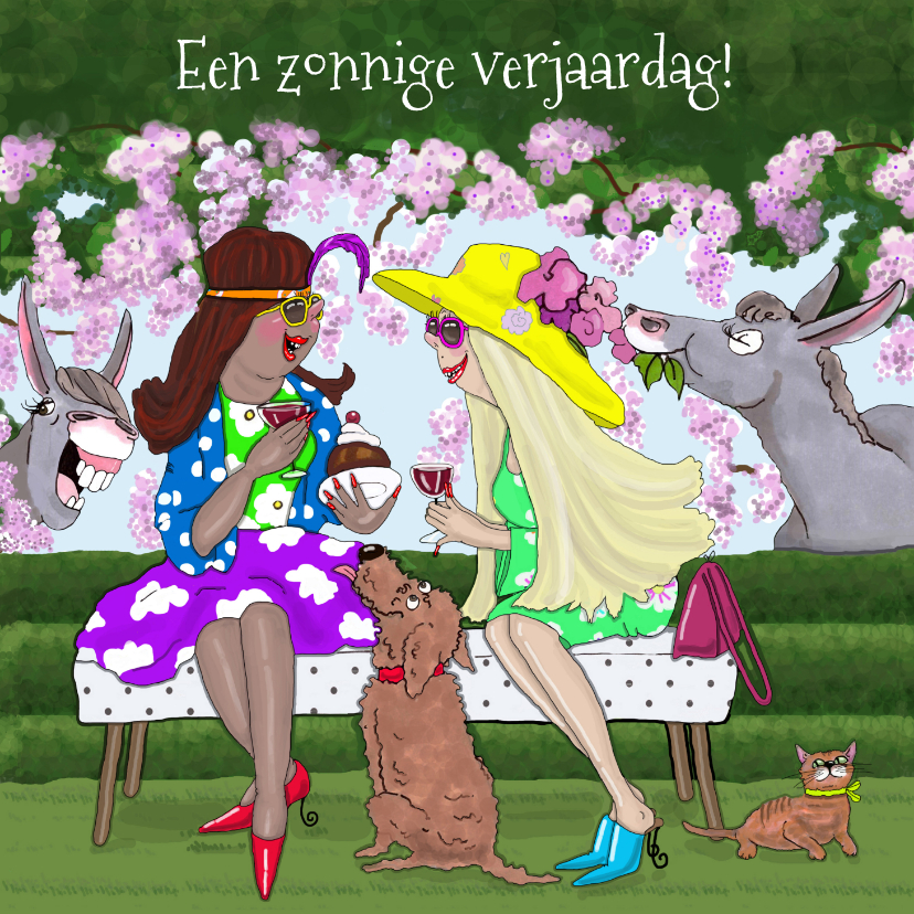 Verjaardagskaart in de tuin met ezels - Verjaardagskaarten Verjaardagskaarten - Verjaardagskaart in de tuin met ezels