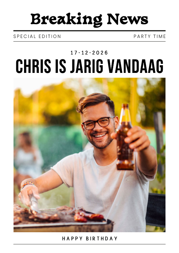 Verjaardagskaart in voorpagina krantstijl met foto - Verjaardagskaarten Verjaardagskaarten - Verjaardagskaart in voorpagina krantstijl met foto