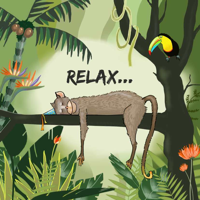 Verjaardagskaart jarige aap in de jungle - Verjaardagskaarten Verjaardagskaarten - Verjaardagskaart jarige aap in de jungle